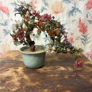 Vintage Jade Floral Bonsai Tree in Green Pot